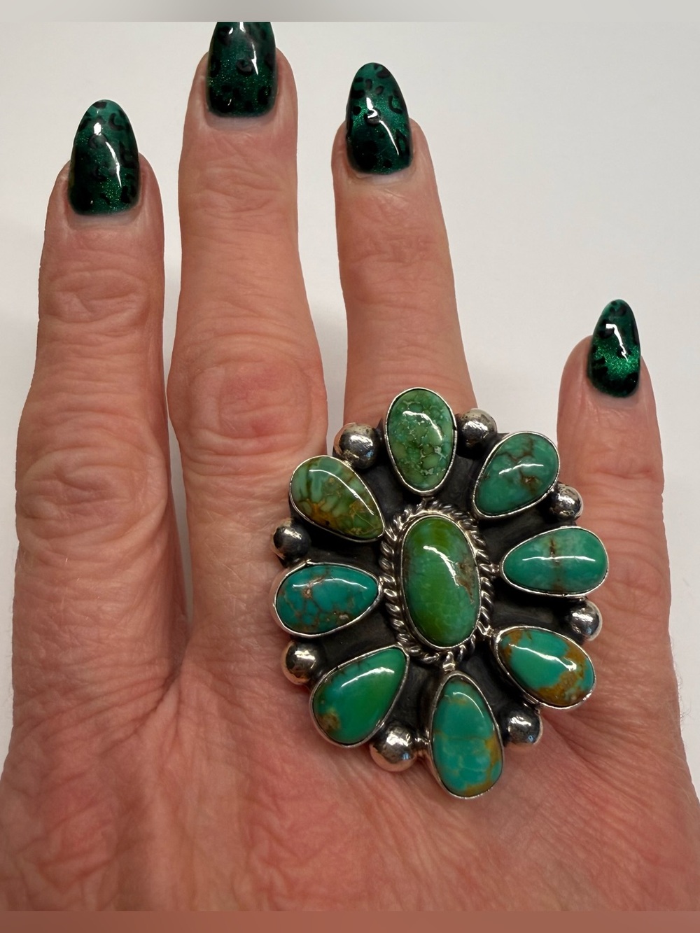 Signed MJ Sterling Turquoise Cluster Statement Ring